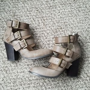 Size 6, buckle heels, tan color by Restricted
